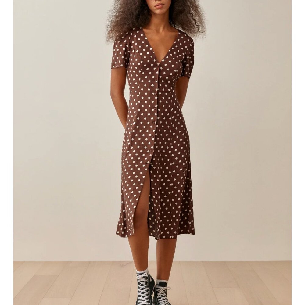 NEW Reformation Locklin Midi Dress Sz8 Au Lait Chocolate Polka Dots